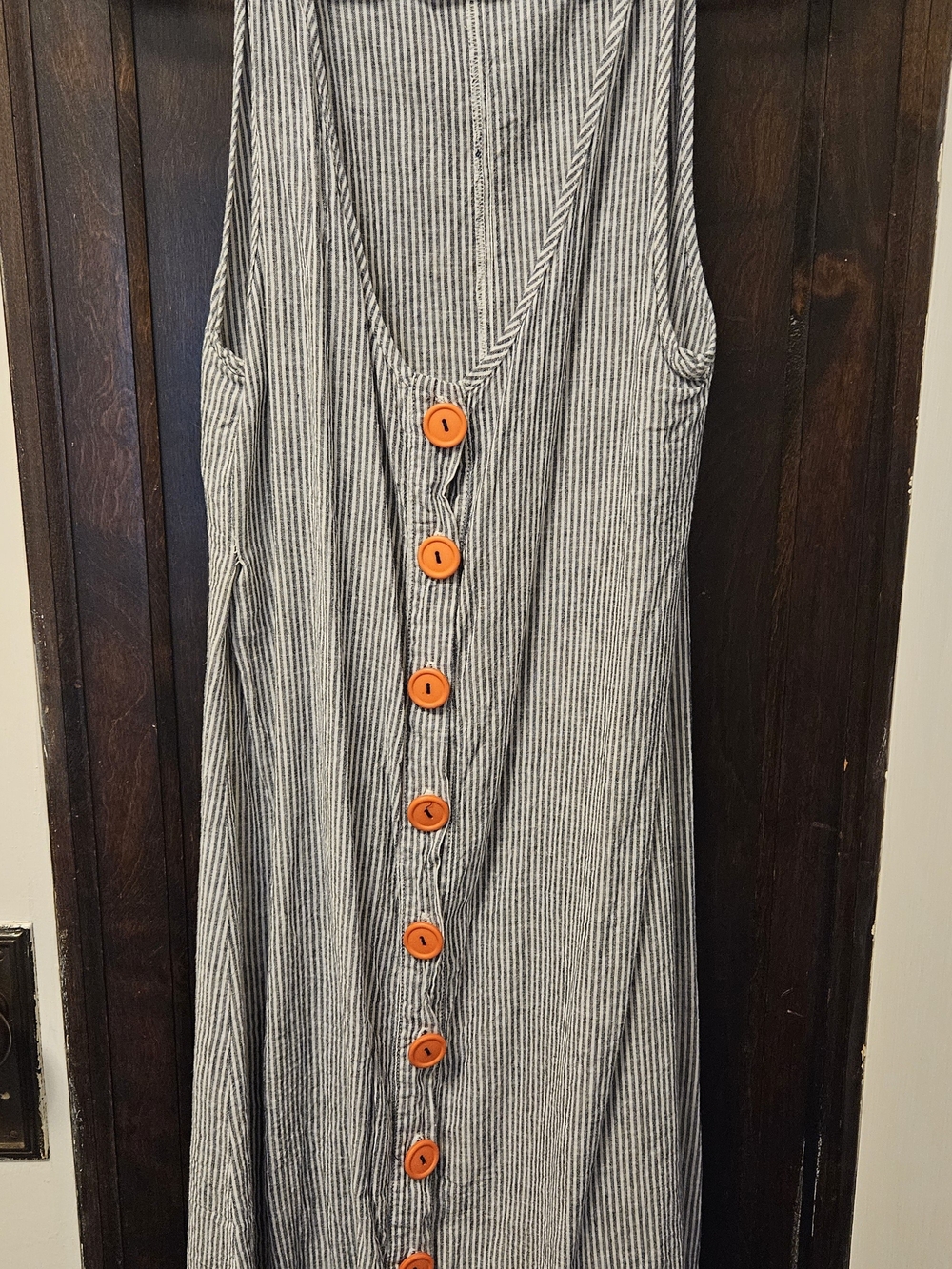 Striped Sleeveless Midi Dress with Orange Button Detail